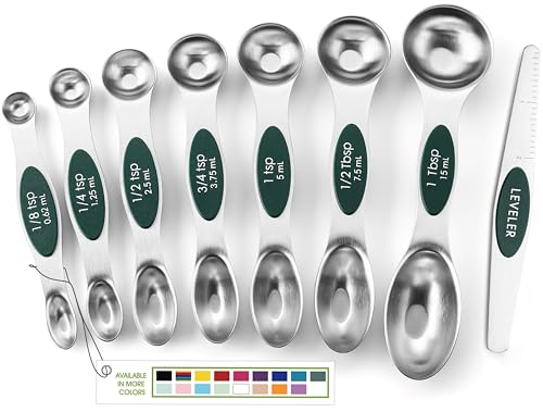 Spring Chef Stainless Steel Magnetic Measuring Spoons Set of 8 with Leveler, Stackable Magnetic Teaspoon & Tablespoon Set, Metal Kitchen Gadgets for Baking & Cooking, Fits in Spice Jars - Pine Green - color: Pine Green, size: 1-Pack
