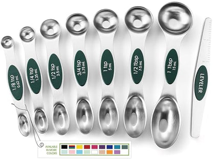 Spring Chef Stainless Steel Magnetic Measuring Spoons Set of 8 with Leveler, Stackable Magnetic Teaspoon & Tablespoon Set, Metal Kitchen Gadgets for Baking & Cooking, Fits in Spice Jars - Pine Green - color: Pine Green, size: 1-Pack