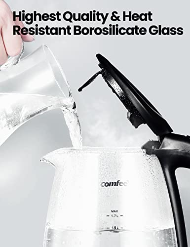 COMFEE' Glass Electric Tea Kettle & Hot Water Kettle Electric, 1.7L Electric Kettle with LED Indicator, 1500W Fast Boil, Auto Shut-Off and Boil-Dry Protection - color: glass and stainless steel, size: 1.8 Quarts