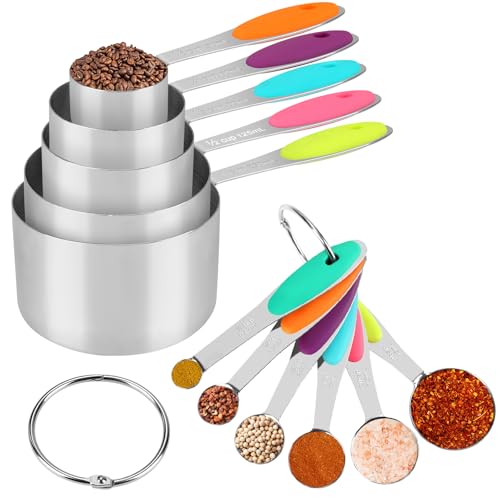 Accmor Stainless Steel Measuring Cups and Spoons Set, 11 Piece Metal Stackable Tablespoons Measurement kit for Cooking & Baking, Nesting Kitchen Gadgets Utensils for Dry or Liquid Ingredients - color: Silver/Colorful Handle