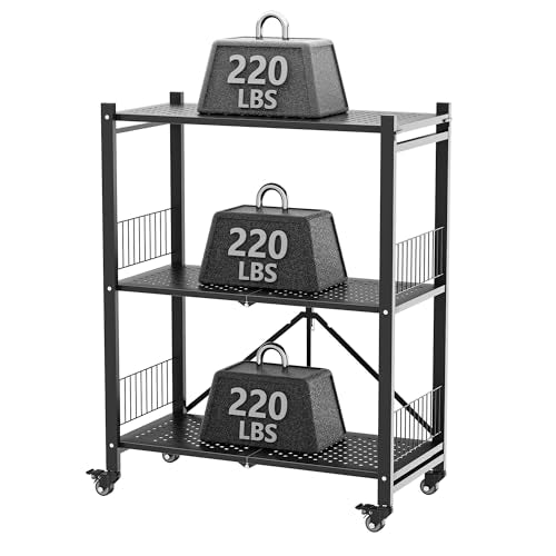 Folding Storage Shelves No Assembly, 3 Tier Metal Foldable Shelves with Wheels, Collapsible Rolling Storage Rack for Laundry Room Garage Small Spaces, Black - color: Black/3-tier