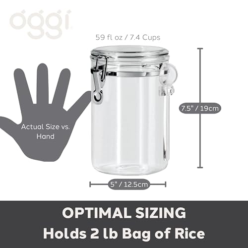 OGGI Clear Canister Airtight 61oz - Clamp Lid & Spoon - Airtight Food Storage Containers, Ideal for Kitchen & Pantry Storage of Bulk, Dry Food Including Flour, Sugar, Coffee, Rice, Tea, Spices & Herbs - size: 61 Fluid Ounces