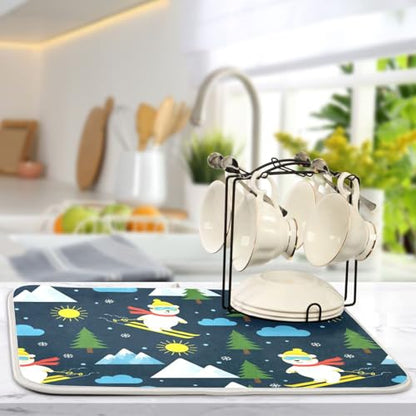Skiing Polar Bear Tree Dish Drying Mat for Kitchen Counter Super Absorbent Draining Mat with Non-slip Backed Sink Mats for Dish Bottles Cups Bowl Draining Racks Countertops Sinks
