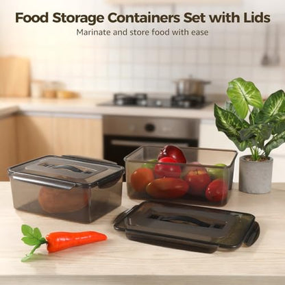 3 Pcs Food Storage Containers with Lids, Food-Safe Stackable Clear Rectangular Design, Leak-Proof Plastic Food Brining Containers for Meat, Great for Kitchen, Refrigerator