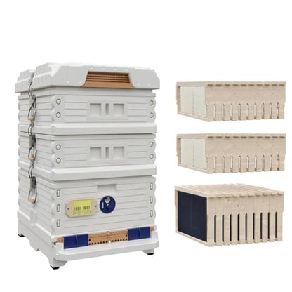 Apimaye New Bundle Ergo Insulated Honey Maker & 2 Medium Beehive Set with Wood Frame and Premier Double Wax Coated Foundation (White Body Blue Entrance)