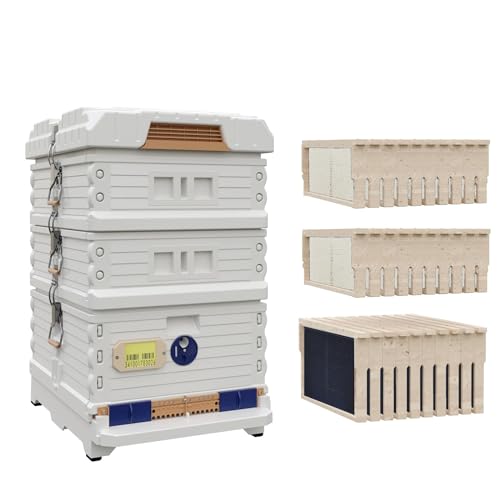 Apimaye New Bundle Ergo Insulated Honey Maker & 2 Medium Beehive Set with Wood Frame and Premier Double Wax Coated Foundation (White Body Blue Entrance)