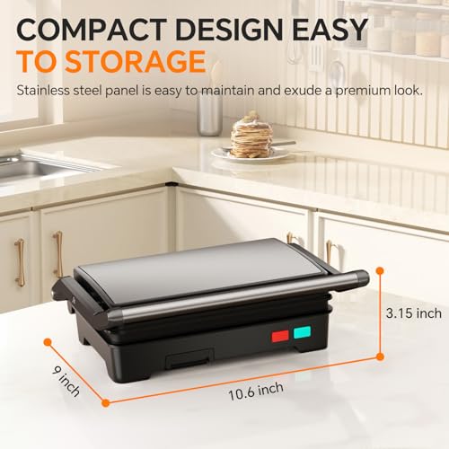 Panini Press Grill, 1000W Sandwich Maker with Non-Stick Coated Plates, Opens 180 Degrees for Any Size of Food, 3-in-1 Sandwich Press Electric Grill, Stainless Steel Surface and Removable Drip Tray