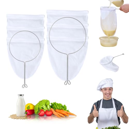XEMBRALTI Nut Milk Bag with Handle, Fine Mesh Strainer Bag for Tea/Yogurt/Juice/Wine/Soup/Coffee & Cheese Making, Washable Reusable Almond Milk Strainer ((Small+ Medium) Strainer Bag*3 + Handle*2) - size: (Small+ Medium) Strainer Bag*3 + Handle*2