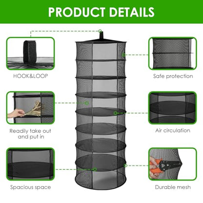 iPower Herb Drying Rack 8-Layer 2ft Mesh Hanging Net Dryer Collapsible with Opendoor, Pothook and Storage Bag, for Hydroponics Flowers, Buds, Fruits, Seafoods, Clothes, 2 Packs - size: 8-Layer Open