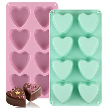 Sakolla 2 Pack 8 Cavity 2.7″ Heart Chocolate Molds Silicone | Food-grade Silicone Molds, Soap Making Molds for Chocolate, Candy, Mousse, Cake Pop, Jelly, Pudding - color: 8 Cavity heart-shaped/Pink&Green