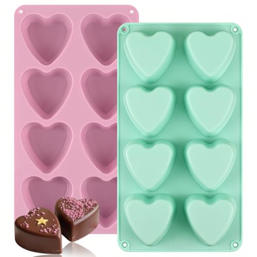 Sakolla 2 Pack 8 Cavity 2.7″ Heart Chocolate Molds Silicone | Food-grade Silicone Molds, Soap Making Molds for Chocolate, Candy, Mousse, Cake Pop, Jelly, Pudding - color: 8 Cavity heart-shaped/Pink&Green