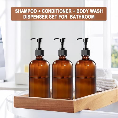 12 Pack 8 oz Amber Glass Bottles with Pumps for Essential Oils, Cleaning Products, Lotions, Aromatherapy Oil, Pump Bottles, Refillable Containers with Cap, Funnel, 12 Chalk Labels, 1 Pen - size: 8 oz Amber 12Pack