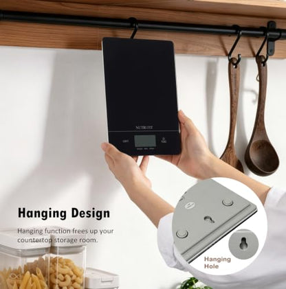 Digital Food Scale Kitchen Scales Grams and Ounces for Weight Loss Baking Cooking of NUTRI FIT, Max 11lb 1g Increment, Ultra-Thin Size and Hang to Wall - color: Tempered Glass-Black
