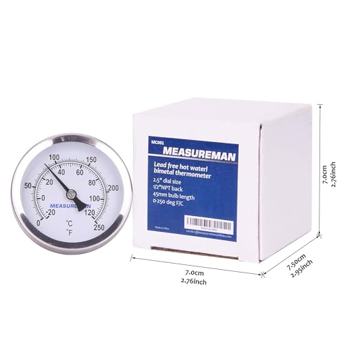 MEASUREMAN Hot Water Bi-Metal Thermometer, 2-1/2" Dial, 1-3/4" Lead-Free Brass Stem, Range 0-250 deg F/-20-120 deg C, 2% Accuracy, Adjustable, 1/2" NPT Back Mount（2 Pack - size: 0-250 deg F/-20-120 deg C, style: 1-3/4" Stem 2pc