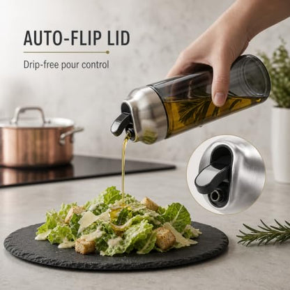 Aelga Olive Oil Dispenser Bottle for Kitchen, 2-Pack 14oz Dark Glass Oil and Vinegar Dispenser Set, Auto Flip Lid, UV-Protected Cooking Oil Cruet with Drip-Free Pour Spout - color: Grey, style: 14OZ Set of 2