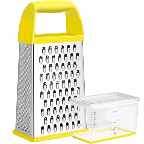 Urbanstrive Cheese Grater With Container, Professional Cheese Grater with Handle, Stainless Steel Graters for Kitchen Handheld, Box Grater with 4 Sides for Vegetables, Ginger, Potatoes (Yellow) - color: Yellow