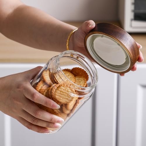 Glass Jars with Wood Lid 27 Oz 2 Pack, High Borosilicate Glass Containers Mason Screw Jars for Kitchen Storage