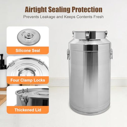 Stainless Steel Milk Can, 88L/23.3Gal Storage Bucket Airtight Canister with Lid, Wine Oil Beverage Storage Container for Kitchen Restaurant Party, W15.8*H29.1in - size: 88L/23.3Gal w/o Faucet