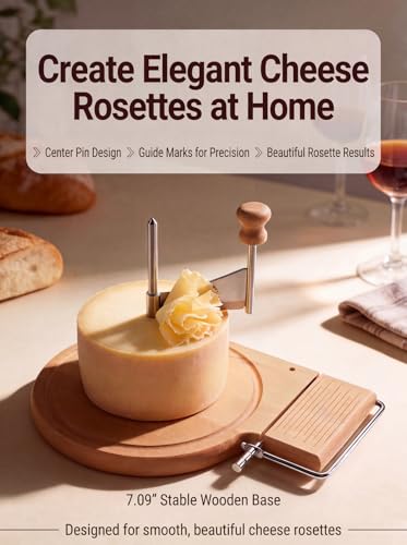 2-in-1 Cheese Curler and Slicer with Wooden Base, Stainless Steel Cheese Rosette Maker for Semi-Hard Cheese, Creates Elegant Rosettes and Uniform Slices