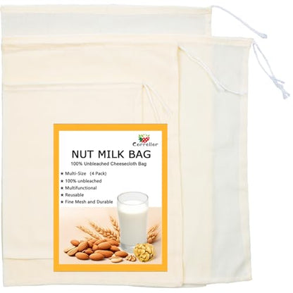4Pack Nut Milk Bags,4 Sizes Unbleached Cotton Cheesecloth Bags,Food Strainer Bags,Reusable Muslin Strainer Bags for Yogurt,Juice,Wine,Cheese making(8x10"/10x14"/12x16"/14x14") - size: 8x10"/10x14"/12x16"/14x14"