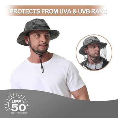 Mosquito Head Net Hat UPF 50+ Sun Protection Bug Hat for Men Women | Sun Visor Style, Perfect for Safari, Hiking, Beekeeping, Camping & Gardening - color: Military Green Camouflage