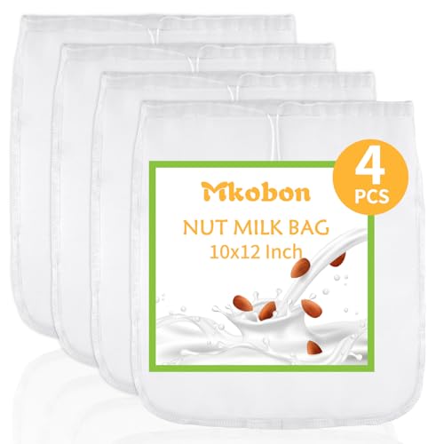 4 Pcs Food Grade Nut Milk Bag Reusable, Grade 100, 10" x 12" Nut Bag Strainer, Fine Mesh Nylon Cheese Cloth Bags for Straining Oat Almond Milk, Greek Yogurt, Juice, Cold Brew Coffee, Beer Tea - size: 10" x 12"