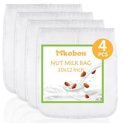 4 Pcs Food Grade Nut Milk Bag Reusable, Grade 100, 10" x 12" Nut Bag Strainer, Fine Mesh Nylon Cheese Cloth Bags for Straining Oat Almond Milk, Greek Yogurt, Juice, Cold Brew Coffee, Beer Tea - size: 10" x 12"