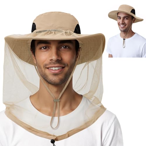 American Trends Fishing Hat with Hidden Mosquito Net Bug Net Bee Keeper Hats with Veil Bucket Hat for Men Women - color: Khaki