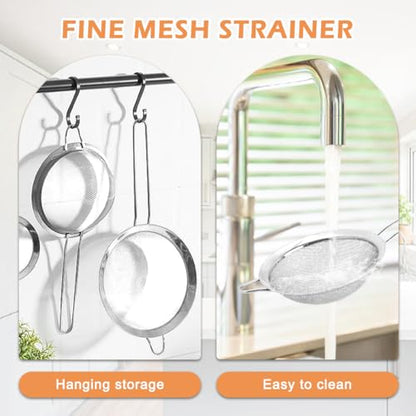 Fine Mesh Strainer Set 4 Pack Stainless Steel Kitchen Sieves | Four sizes for tea, coffee, flour, sugar, rice, and quinoa, includes 3 round sieves and 1 conical strainer
