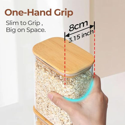 ComSaf 2.2 Qt Rectangle Glass Storage Containers with Lids, Glass Jars with Bamboo Lids, Clear Food Storage Jar, Tall Spaghetti Container, Pantry Storage Container for Pasta Flour Oats Nuts Rice - size: 2.2 Qt-3Pcs