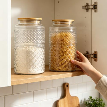 Prettidecor 1 Gallon Large Airtight Glass Storage Jars with Bamboo Lid, Kitchen Pantry Bathroom Laundry Room Organizer Canisters for Flour Rice Sugar Pasta Coffee Bean Cookies Popcorn Bath Salts