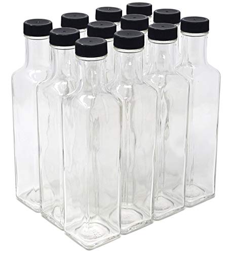 nicebottles Clear Glass Quadra Bottles, 250ml, Black Caps (8.5 Fl Oz) - 4 Cases of 12 units, 48 Total - size: 48 x 250ml