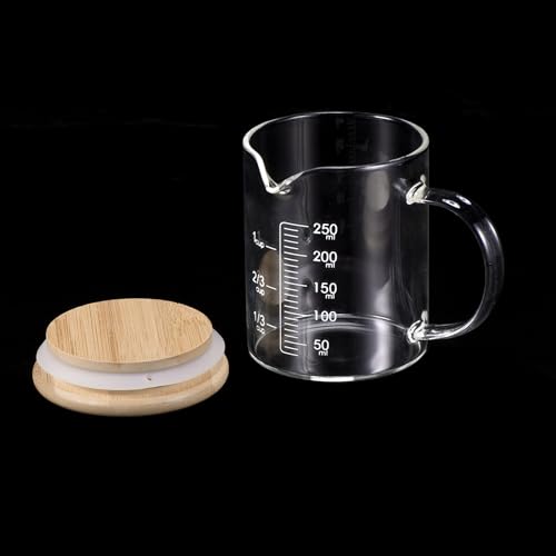 PATIKIL 250ml Glass Measuring Cup, 2 Pack 3.3 Borosilicate Glass Graduated White Printed Scale Liquid Measure Cups Beaker with Wood Lid and V-Shaped Spout for Kitchen - size: 250ml