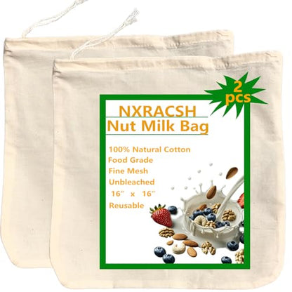 Nut Milk Bag - Cheese Cloths Reusable Cheesecloth Strainer for Almond | 2 Pack XXL 16"x16",Unbleached Natural Cotton,/Oat/Soy Milk, Juice, Cold Brew Coffee, Yogurt, Wine, Soup | Triple Stitched - size: 16" x 16"