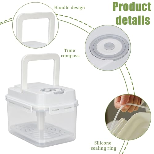Kimchi Container, Fermentation Box with Press Plate and Date Dial, Plastic Pickle Keeper with Silicone Sealing Ring, Handle and Locking Clips for Sauerkraut, Pickles, Refrigerator Storage