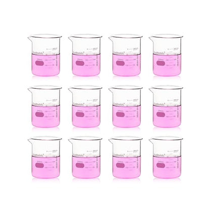 12pcs 250ml Upgrated Thick Glass Beakers, Griffin Low Form Beaker Set with Double Scale, 3.3 Boro, LVA023 - style: 12pcs of Vol.250ml