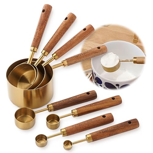 Premium Stainless Steel Measuring Cups and Spoons Set with Wood Handle, 8-Pieces Kitchen Essentials for Baking, Cooking, Coffee with Ergonomic Grip & Engraved Markings (Gold8) - color: Gold8