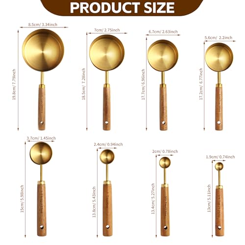 Gold Measuring Cups and Spoons Set,8 Piece Premium Stainless Steel Measuring Cups with Wood Handles,4 Stackable Wooden Measuring Cups and 4 Measuring Spoons Set for Baking Supplies in the Kitchen - color: Gold-8Piece