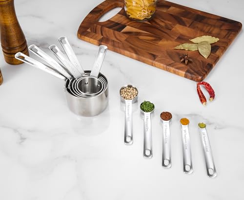 KEAWELL Premium 10-Piece 18/10 Stainless Steel Measuring Cups ans Spoons Set – Durable, Stackable, Dishwasher Safe – Nesting Design for Baking & Cooking (Silver, Measuring Cups & Spoons) - size: Measuring Cups & Spoons