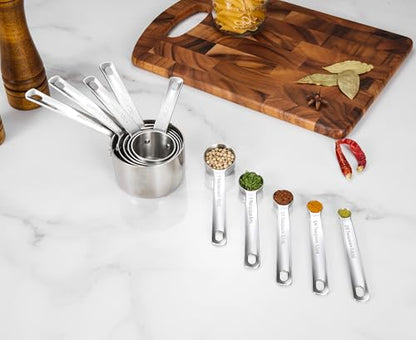 KEAWELL Premium 10-Piece 18/10 Stainless Steel Measuring Cups ans Spoons Set – Durable, Stackable, Dishwasher Safe – Nesting Design for Baking & Cooking (Silver, Measuring Cups & Spoons) - size: Measuring Cups & Spoons