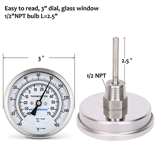MEASUREMAN Fully Stainless Steel Pot, Kettle, Brewing Bimetal Dial Thermometer, 3" Dial, 2-1/2" Stem, -40-160 deg F/-40-70 deg C, -1% Accuracy, Adjustable, 1/2" NPT Back Mount - size: -40-160 deg F/-40-70 deg C, style: 2-1/2" Stem