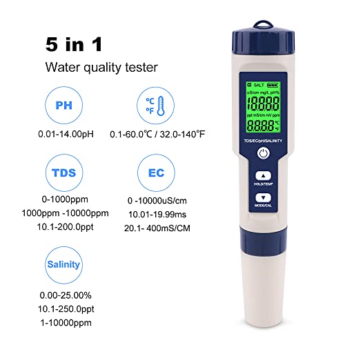 PH Meter for Water 5 in 1 PH Temp TDS and EC Meter,Salinity Meter,PH Tester Digital,TDS Meter Digital Water Tester&Pool Salt Tester for Swimming Pool. - size: 5 in 1