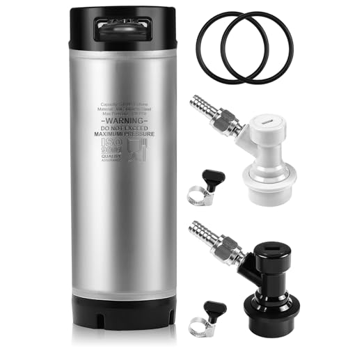 New 5 Gallon Ball Lock Keg, 304SS Corny Keg with Ball Lock Quick Disconnect & Dual Rubber Handles Bottom -Portable Beer Disperse with 2 Lid Gaskets 2 Hose Clamps - Ideal for Homebrew Party