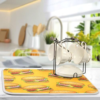 Cheeseburger Tomato Yellow Dish Drying Mat Kitchen Dish Drying Pad Absorbent Microfiber Dish Drainer Mat for Coffee Bar Sinks Draining Racks 16x18 Inch - size: 16x18in