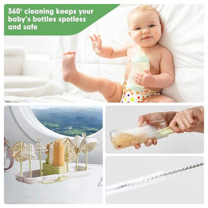 Baby Bottle Brush Set - Baby Bottle Cleaner Kit with Nipple Brush, Silicone Bottle Brush, Straw Cleaner Brush, Soap Dispenser, Bottle Drying Rack - 7 in 1 Bottle Cleaning Tool Set for Home and Travel - size: Large
