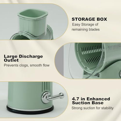 5 in 1 Cheese Grater with Rotary Hand Crank - Vegetable Chopper with Replaceable Stainless Blades, Strong Suction Base, Handle, Blade Storage Box, Easy-Clean Multipurpose Kitchen Slicer (Green) - color: Green