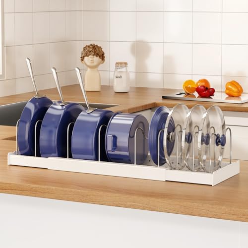 Magheo Expandable Food Storage Container Lid Organizers, 22" Pots and Pans Organizer Under Cabinet with 9 Adjustable Dividers Pot and Pan Lid Holders Rack Inside Cabinet(White,1 Pack) - color: White, size: (1 Pack)22.4"D x 7.9"W x 6.3"H