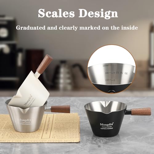 Mongdio 2 Pcs Espresso Measuring Cup, Stainless Steel Espresso Shot Cups with Wooden Handle and Double Spouts, 6.8OZ/200ML, Black - color: Black 2 pcs, size: 6.8oz