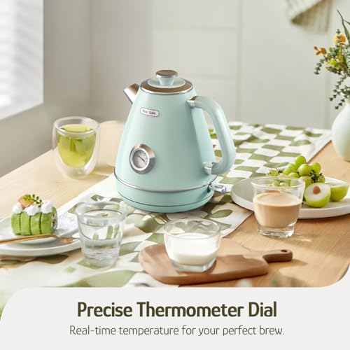 Hazel Quinn Retro Electric Kettle - 1.7 Liters / 57.5 Ounces Tea Kettle with Thermometer, All Stainless Steel, 1200 Watts Fast Boiling, BPA-free, Cordless, Automatic Shut Off - Mint Green - color: Mint Green