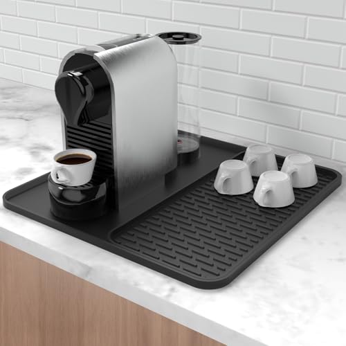Silicone Coffee Mat,16''x16'' Coffee Bar Mat with Detachable Dish Drying Mat for Kitchen Countertops,Coffee Bar Accessories Fit Under Coffee Maker Coffee Machine Coffee Pot Espresso Machine Dish Rack - color: Black, size: 16" x 16"
